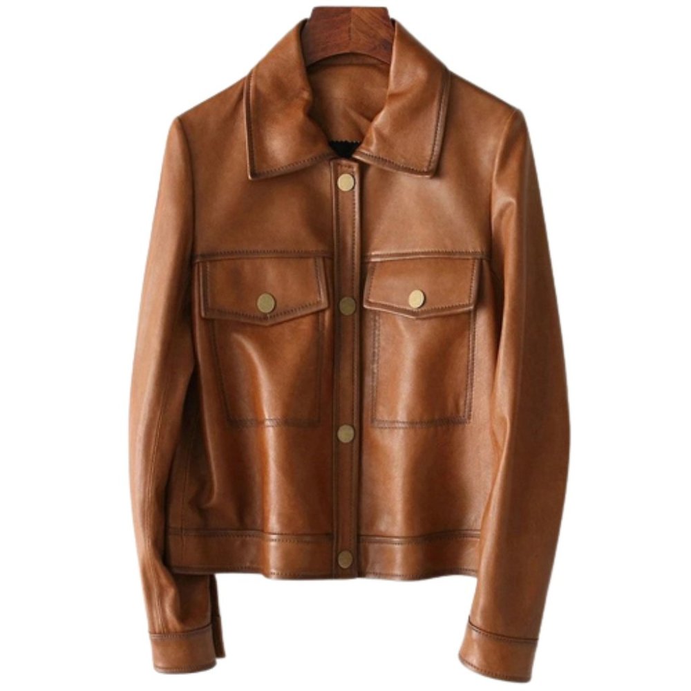 Bashwood Handmade Zoe Front Pocket Brown Genuine Lambskin Leather Jacket